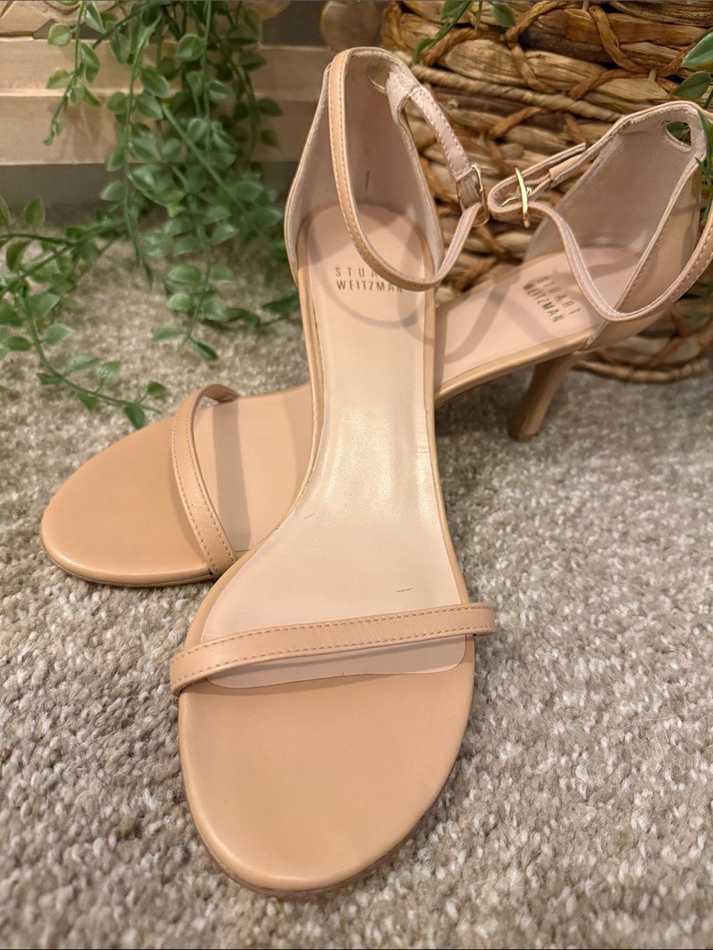 Stuart Weitzman Beige Nude Strappy Kitten Heel Sandals